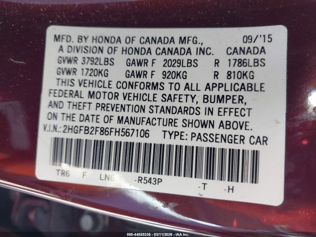 Honda CIVIC EX 2015 2HGFB2F86FH567106 Image 9