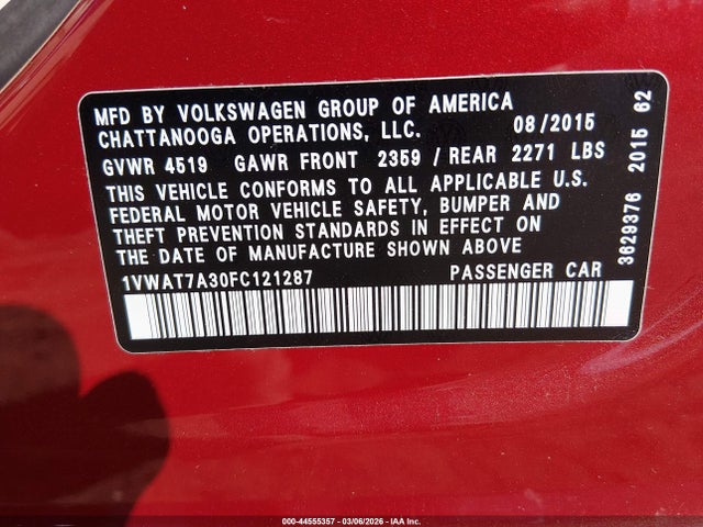 Продаж на аукціоні авто 2015 Volkswagen Passat 1.8t Limited Edition, vin: 1VWAT7A30FC121287, номер лоту: 44555357
