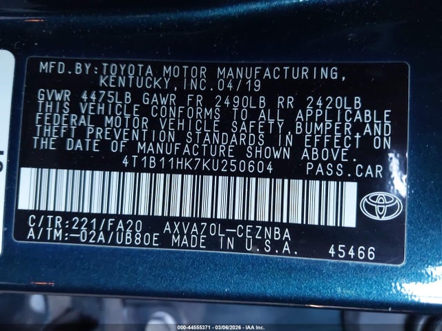 4T1B11HK7KU250604 Toyota CAMRY LE