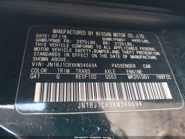 2019 Nissan Rogue Sport S მანქანა იყიდება აუქციონზე, vin: JN1BJ1CRXKW346694, აუქციონის ნომერი: 44555377
