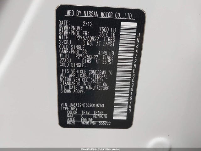 44555388 :رقم المزاد ، JN8AZ2NE6C9019750 vin ، 2012 Infiniti Qx56 مزاد بيع