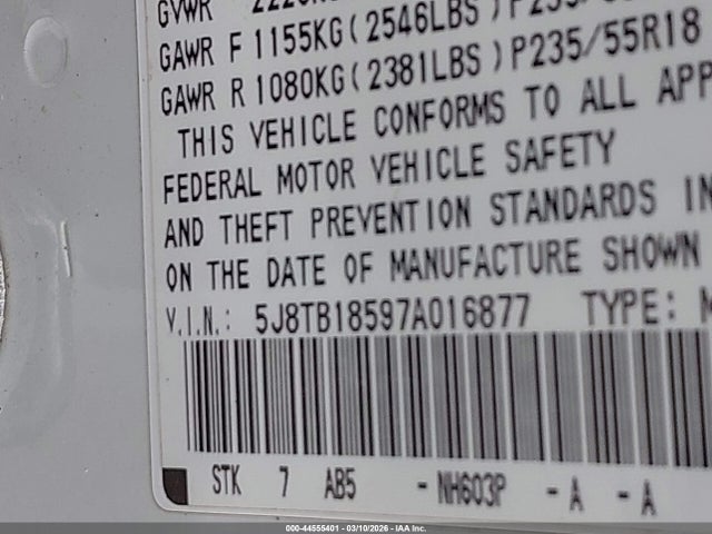 44555401 :رقم المزاد ، 5J8TB18597A016877 vin ، 2007 Acura Rdx مزاد بيع
