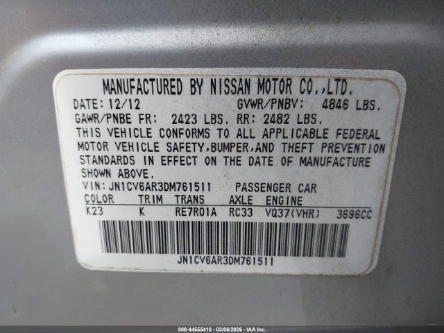 Aukcja sprzedaży 2013 Infiniti G37x, vin: JN1CV6AR3DM761511, numer aukcji: 44555410