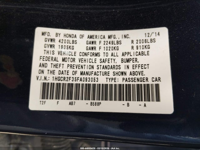 Honda ACCORD LX 2015 1HGCR2F35FA093053 Image 9