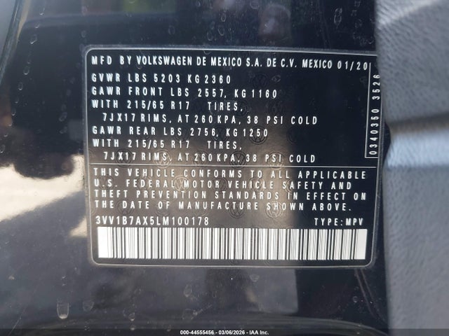 2020 Volkswagen Tiguan 2.0t S მანქანა იყიდება აუქციონზე, vin: 3VV1B7AX5LM100178, აუქციონის ნომერი: 44555456
