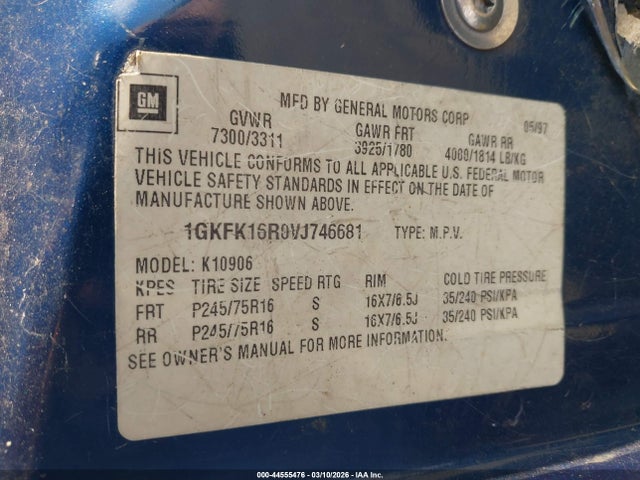 Продажа на аукционе авто 1997 Gmc Suburban 1500 Slt Cmi, vin: 1GKFK16R0VJ746681, номер лота: 44555476