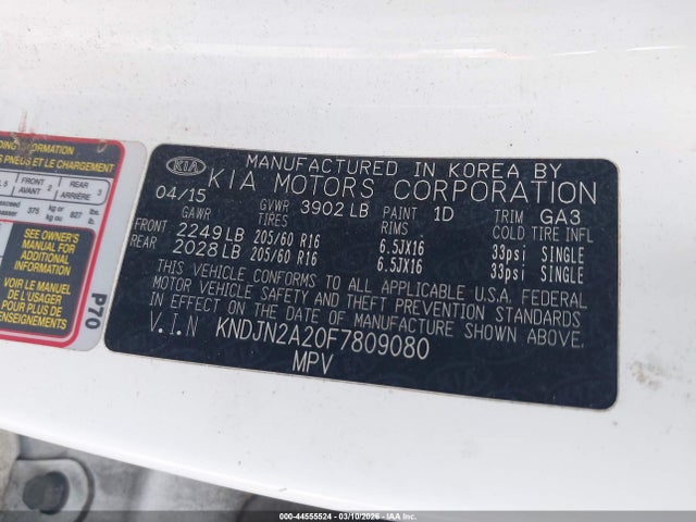 44555524 :رقم المزاد ، KNDJN2A20F7809080 vin ، 2015 Kia Soul مزاد بيع