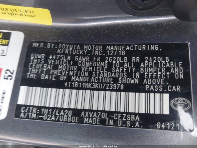 4T1B11HK3KU723978 Toyota CAMRY SE