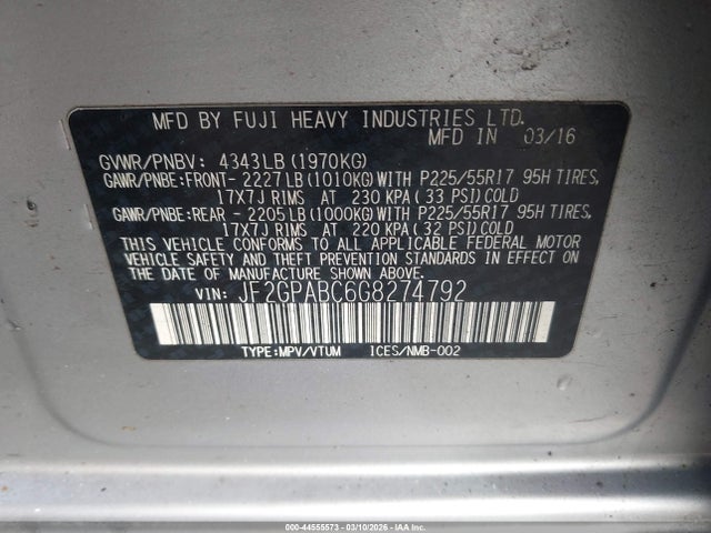 44555573 :رقم المزاد ، JF2GPABC6G8274792 vin ، 2016 Subaru Crosstrek 2.0i Premium مزاد بيع