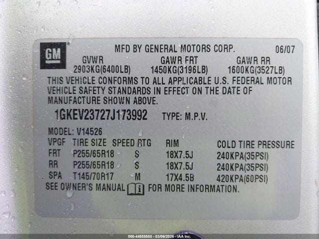 Aukcja sprzedaży 2007 Gmc Acadia Slt-1, vin: 1GKEV23727J173992, numer aukcji: 44555585
