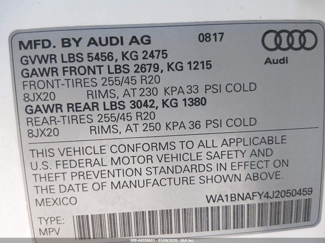 WA1BNAFY4J2050459 Audi Q5 2.0t Premium/2.0t Tech Premium