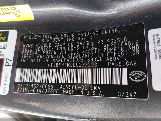 44555614 :رقم المزاد ، 4T1BF1FK9DU277293 vin ، 2013 Toyota Camry Se مزاد بيع
