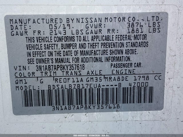 44555632 :رقم المزاد ، 3N1AB7AP8KY357618 vin ، 2019 Nissan Sentra S مزاد بيع