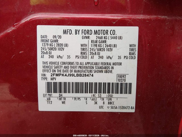 Продаж на аукціоні авто 2020 Ford Edge St Line, vin: 2FMPK4J99LBB28474, номер лоту: 44555639