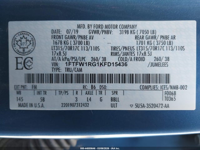 1FTFW1RG1KFD15436 Ford F-150 Raptor