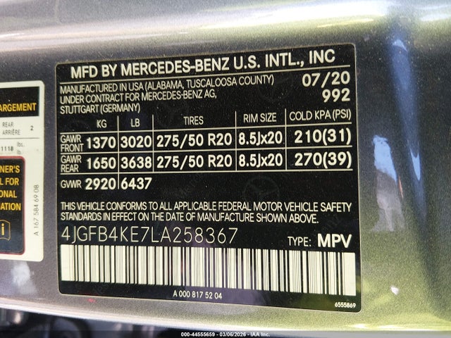 Aukcja sprzedaży 2020 Mercedes-benz Gle 350 4matic, vin: 4JGFB4KE7LA258367, numer aukcji: 44555659