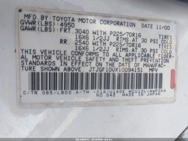 Aukcja sprzedaży 2001 Lexus Rx 300, vin: JTJGF10UX10094151, numer aukcji: 44555721