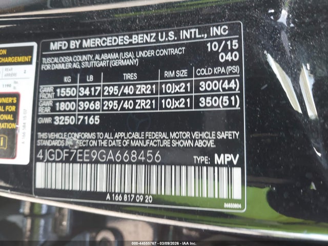 Aukcja sprzedaży 2016 Mercedes-benz Amg Gl 63 4matic, vin: 4JGDF7EE9GA668456, numer aukcji: 44555767