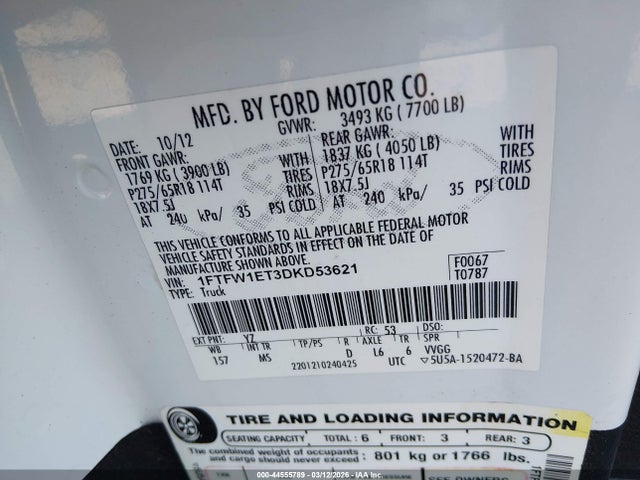 2013 Ford F-150 Xlt მანქანა იყიდება აუქციონზე, vin: 1FTFW1ET3DKD53621, აუქციონის ნომერი: 44555789