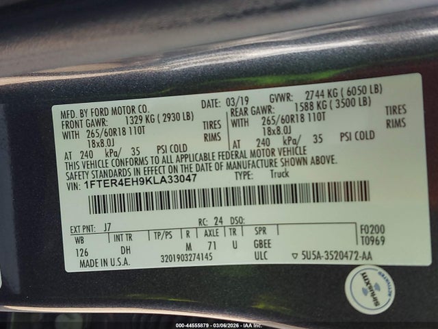 Ford Ranger Lariat 2019 1FTER4EH9KLA33047 Image 9