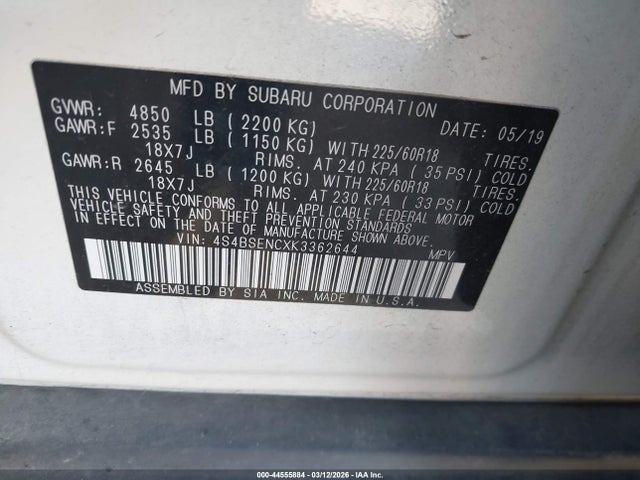 Продаж на аукціоні авто 2019 Subaru Outback 3.6r Limited, vin: 4S4BSENCXK3362644, номер лоту: 44555884