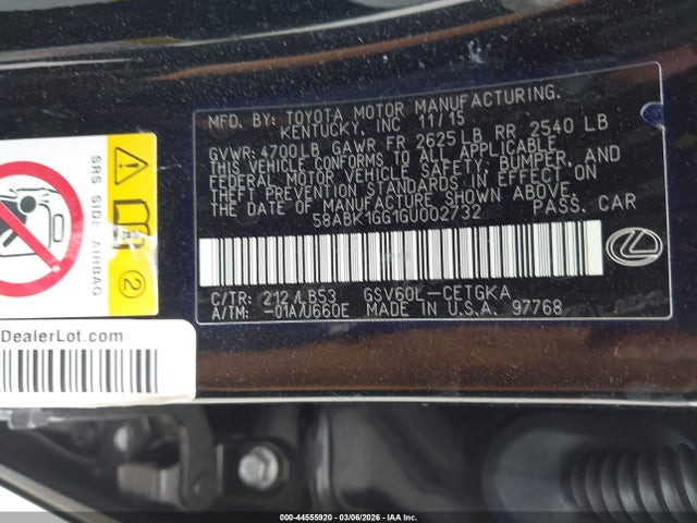 44555920 :رقم المزاد ، 58ABK1GG1GU002732 vin ، 2016 Lexus Es 350 مزاد بيع