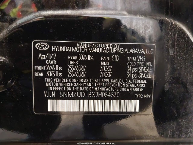 5NMZUDLBXJH054570 Hyundai Santa Fe Sport 2.4l