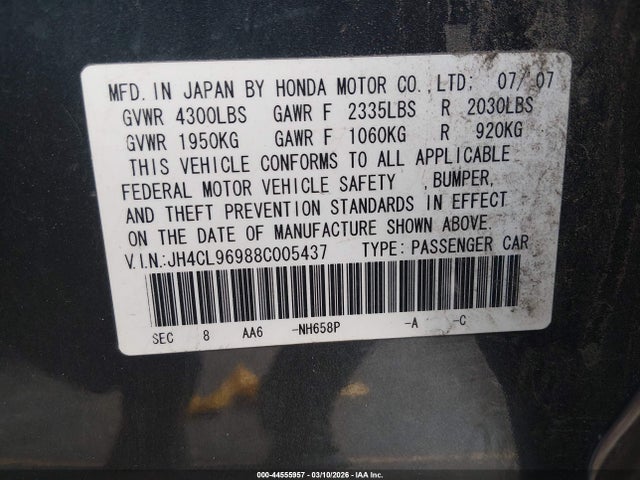 Aukcja sprzedaży 2008 Acura Tsx, vin: JH4CL96988C005437, numer aukcji: 44555957