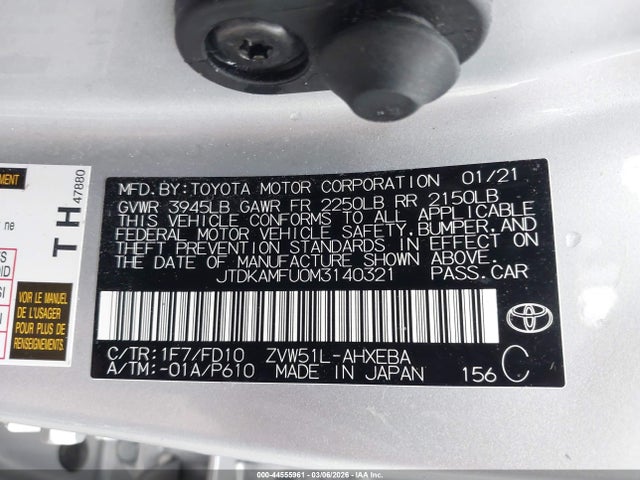 Aukcja sprzedaży 2021 Toyota Prius Le, vin: JTDKAMFU0M3140321, numer aukcji: 44555961
