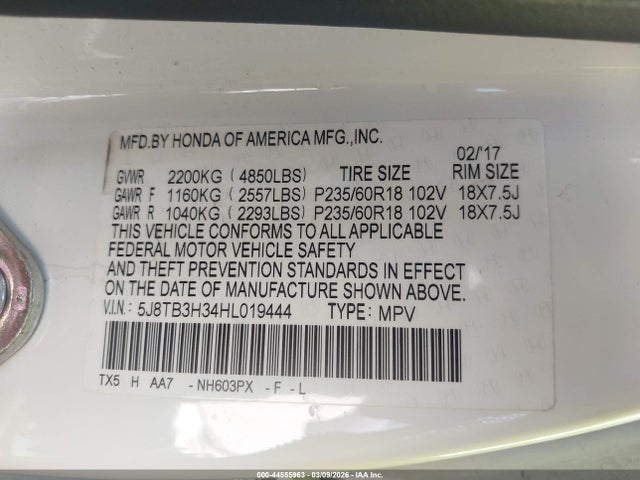 5J8TB3H34HL019444 Acura Rdx Acurawatch Plus Package