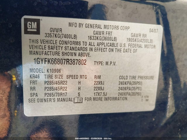 2007 CADILLAC ESCALADE ESV 1GYFK66807R387802 Photo 8