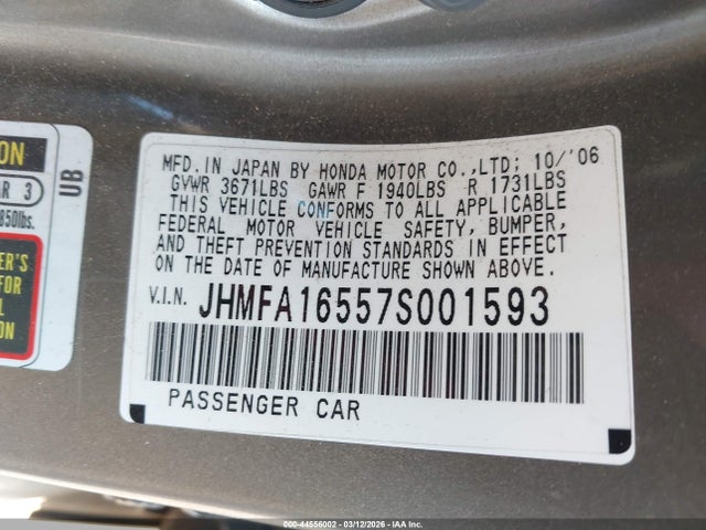 44556002 :رقم المزاد ، JHMFA16557S001593 vin ، 2007 Honda Civic Lx مزاد بيع