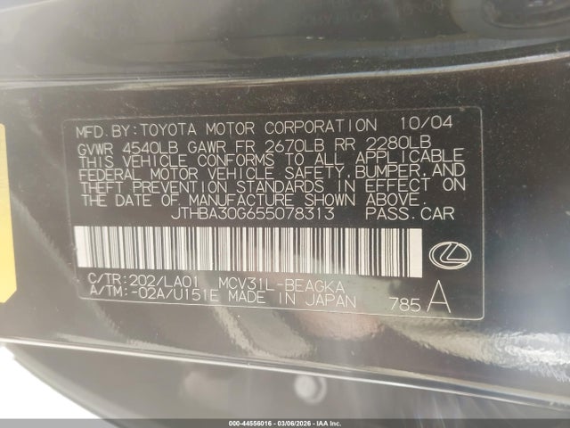 Aukcja sprzedaży 2005 Lexus Es 330, vin: JTHBA30G655078313, numer aukcji: 44556016