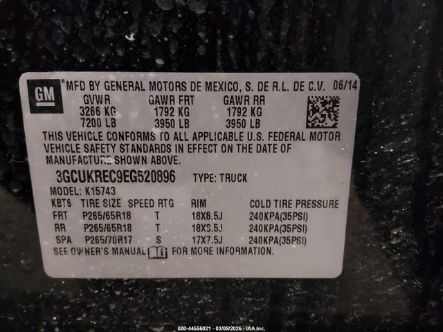 Aukcja sprzedaży 2014 Chevrolet Silverado 1500 1lt, vin: 3GCUKREC9EG520896, numer aukcji: 44556021