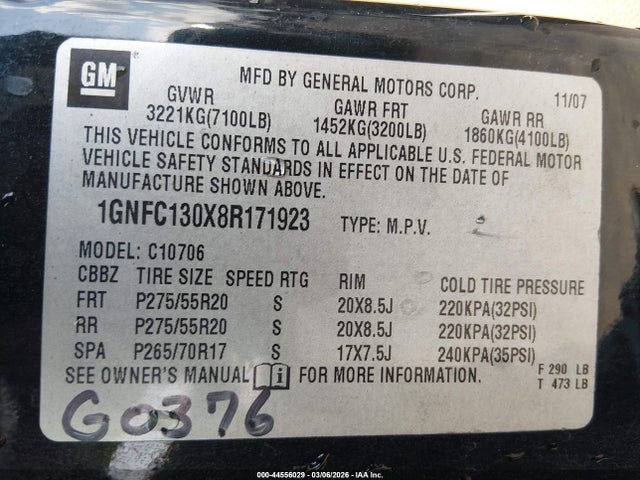 2008 Chevrolet Tahoe Ltz მანქანა იყიდება აუქციონზე, vin: 1GNFC130X8R171923, აუქციონის ნომერი: 44556029