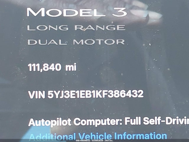 5YJ3E1EB1KF386432 Tesla Model 3 Long Range/performance