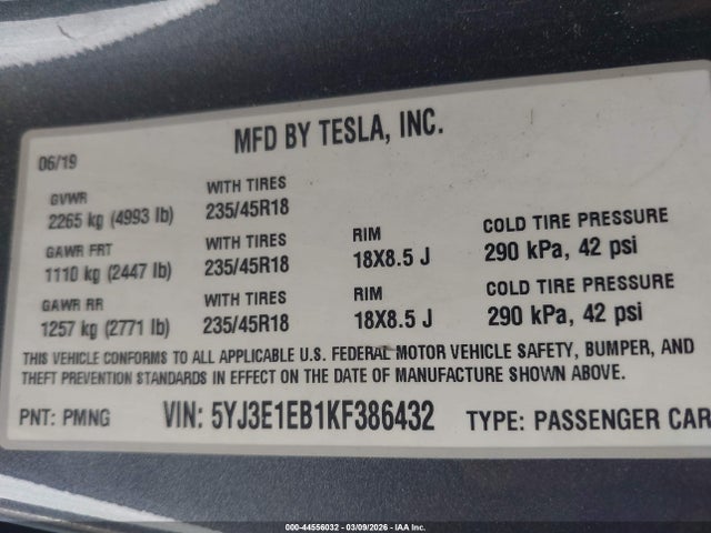5YJ3E1EB1KF386432 Tesla Model 3 Long Range/performance