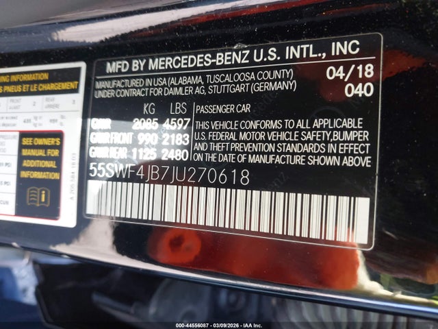 Aukcja sprzedaży 2018 Mercedes-benz C 300, vin: 55SWF4JB7JU270618, numer aukcji: 44556087