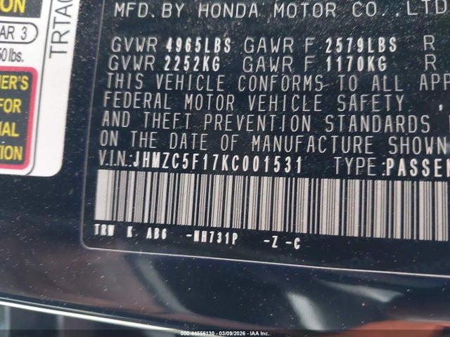 JHMZC5F17KC001531 Honda CLARITY PLUG-IN HYBRID
