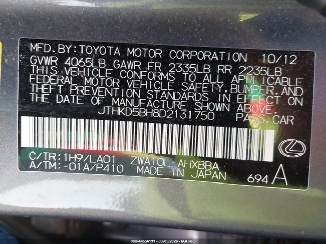 44556131 :رقم المزاد ، JTHKD5BH8D2131750 vin ، 2013 Lexus Ct 200h مزاد بيع