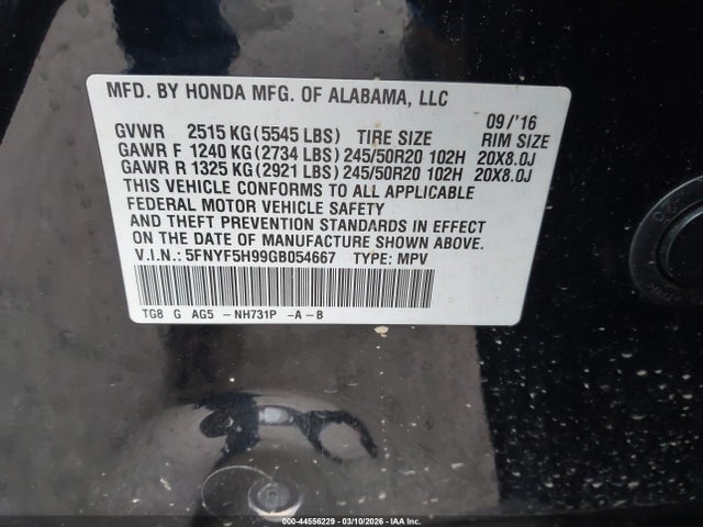 Honda Pilot Touring 2016 5FNYF5H99GB054667 Image 9
