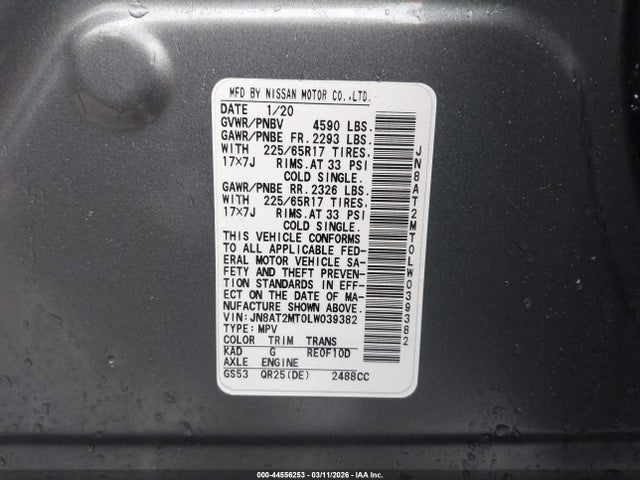 2020 Nissan Rogue Sv Fwd მანქანა იყიდება აუქციონზე, vin: JN8AT2MT0LW039382, აუქციონის ნომერი: 44556253