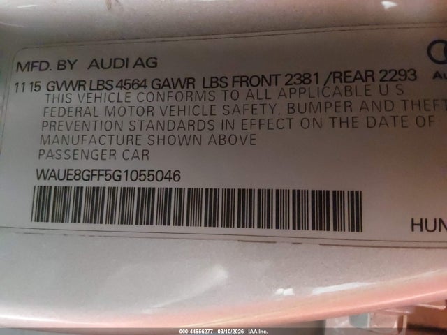44556277 :رقم المزاد ، WAUE8GFF5G1055046 vin ، 2016 Audi A3 2.0t Premium مزاد بيع