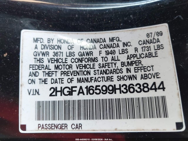 2009 Honda Civic Lx მანქანა იყიდება აუქციონზე, vin: 2HGFA16599H363844, აუქციონის ნომერი: 44556315