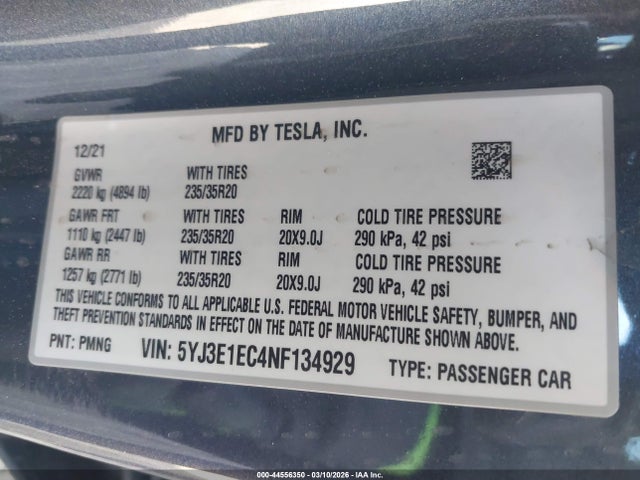 44556350 :رقم المزاد ، 5YJ3E1EC4NF134929 vin ، 2022 Tesla Model 3 Performance Dual Motor All-wheel Drive مزاد بيع