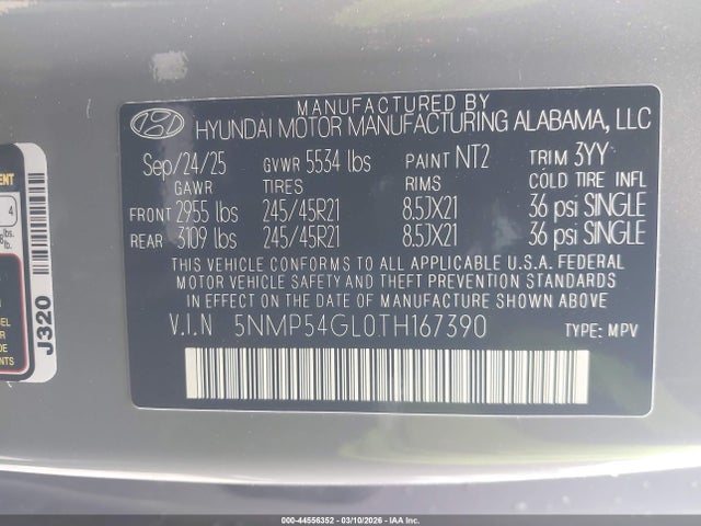 44556352 :رقم المزاد ، 5NMP54GL0TH167390 vin ، 2026 Hyundai Santa Fe Calligraphy مزاد بيع
