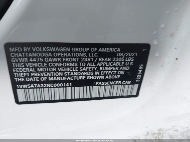 Продаж на аукціоні авто 2022 Volkswagen Passat 2.0t Se, vin: 1VWSA7A32NC000141, номер лоту: 44556354