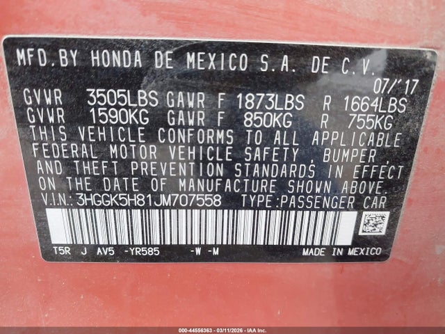 3HGGK5H81JM707558 Honda FIT EX
