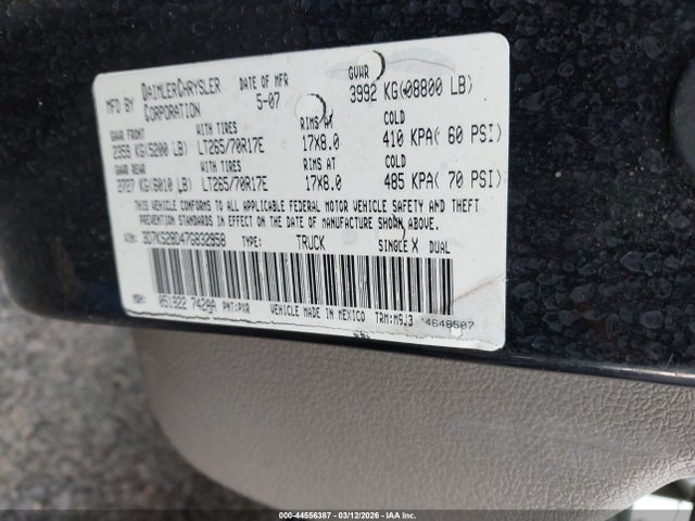 Aukcja sprzedaży 2007 Dodge Ram 2500 Slt/trx4 Off Road/sport/power Wagon, vin: 3D7KS28D47G832958, numer aukcji: 44556387