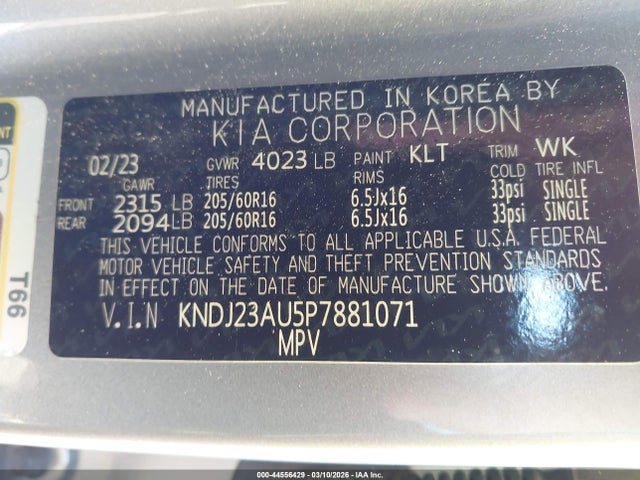 44556429 :رقم المزاد ، KNDJ23AU5P7881071 vin ، 2023 Kia Soul Lx مزاد بيع